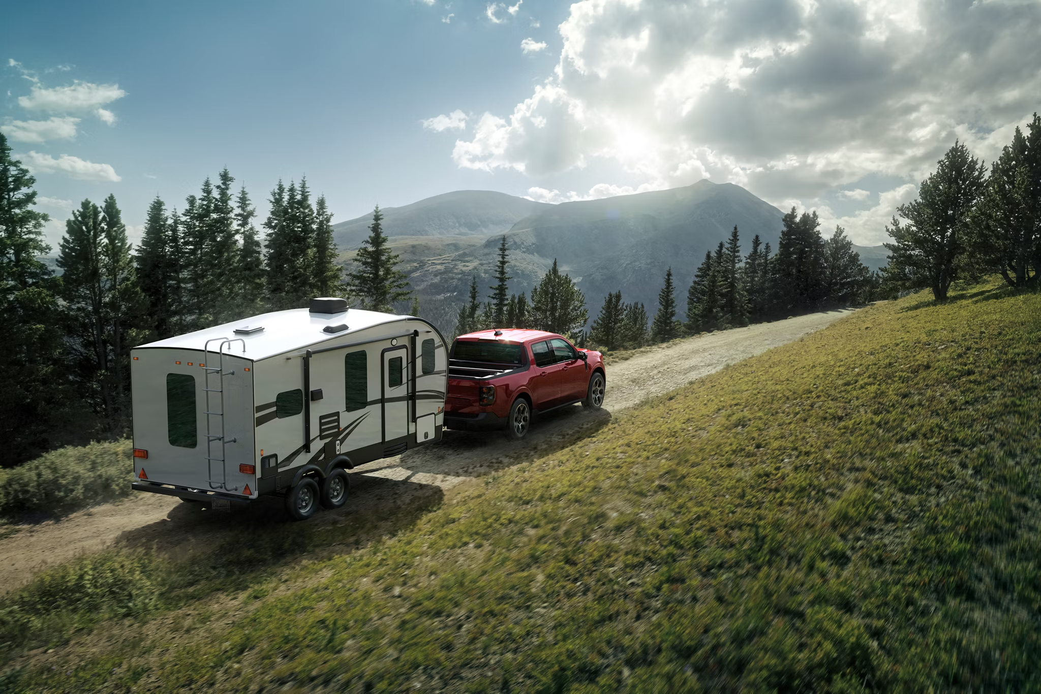 2026 Ford Maverick towing a camper trailer